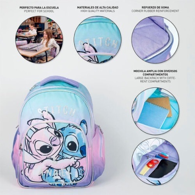 Mochila infantil azul e lilás com personagens Stitch e detalhes em reforço de borracha e vários compartimentos