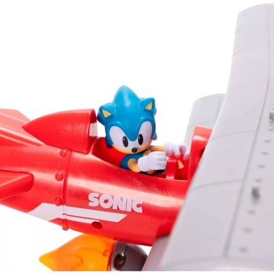 Brinquedo de Sonic no avião vermelho com hélice cinzenta