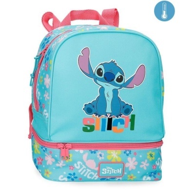 Mochila azul infantil com personagem Stitch e estampado de flores