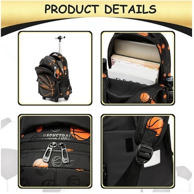 Mochila trolley preta com padrão de bolas de basquetebol laranja