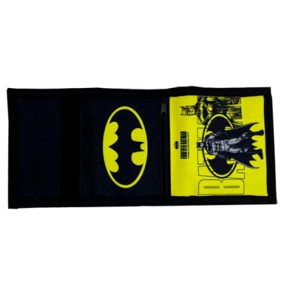 Carteira preta e amarela com símbolo e imagem do Batman