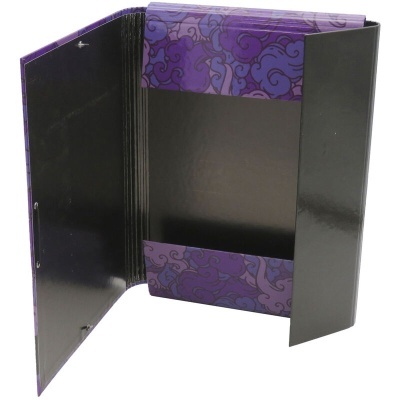 Porta-cartas roxo lilás com padrão e interior preto aberto
