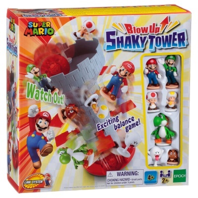 Embalagem do jogo Blow Up Shaky Tower da Super Mario com figuras de personagens e texto promocional