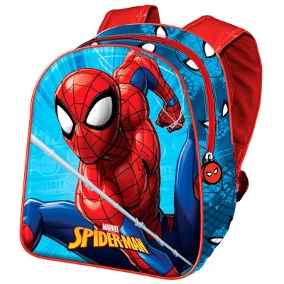 Mochila infantil do Spiderman em cores vermelho, azul e preto com padrão de teia