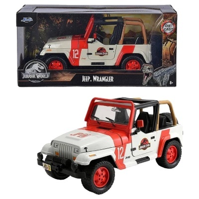 Brinquedo Jeep Wrangler Jurassic World branco e vermelho em caixa