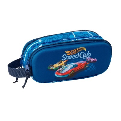 Estojo escolar azul Hot Wheels com carros coloridos e fechos de correr