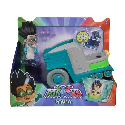 Brinquedo PJ Masks ROMEO com figura e carrinho em embalagem colorida
