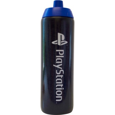 Garrafa desportiva preta com logo PlayStation e tampa azul