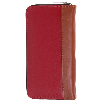 Carteira de couro bicolor vermelho escuro e castanho com fecho de correr