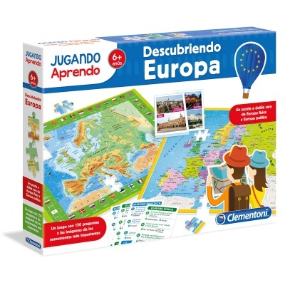 Caixa do jogo educativo Descubriendo Europa com mapa da Europa e personagens observando