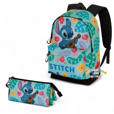 Mochila e estojo escolares azuis com estampado da personagem Stitch a tocar ukulele.