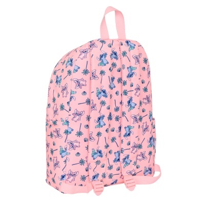 mochila rosa com padrão azul lilás e alças ajustáveis