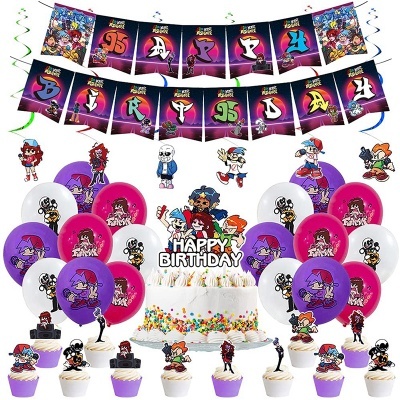 Conjunto de decoração de festa de aniversário com tema animado e balões coloridos