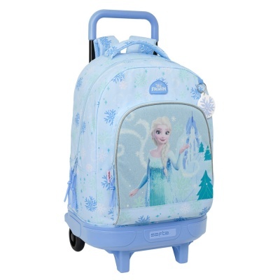 Mochila de rodas azul claro com imagem da Elsa e flocos de neve