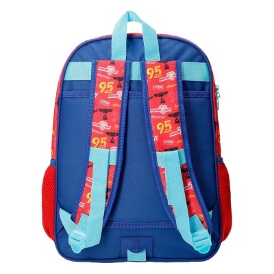 Mochila infantil azul com alças estampadas e detalhes em vermelho