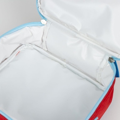 Mala térmica vermelha aberta com interior branco e fecho azul