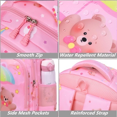 Mochila rosa infantil com padrões de ursos e estrelas, fechos, bolsos de rede e alça reforçada