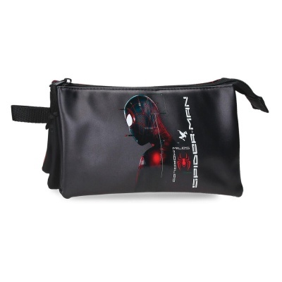 Necessaire preta com design de Spider-Man Miles Morales e texto na frente