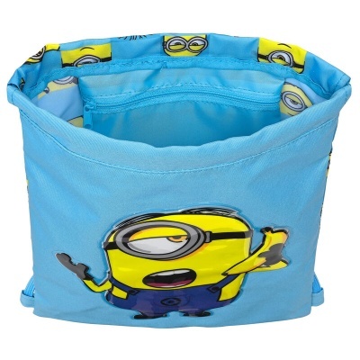 Saco azul com estampa de Minion amarelo e padrão interior dos Minions