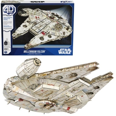 Modelo 3D do Millennium Falcon do Star Wars com caixa azul ao fundo