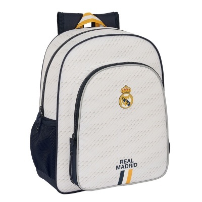 Mochila branca com logótipo do Real Madrid e texto associado