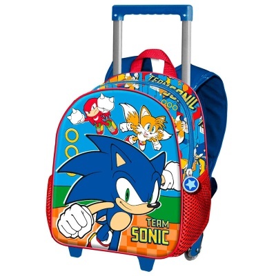 Mochila com rodas Team Sonic em azul, vermelho e verde com personagens Sonic