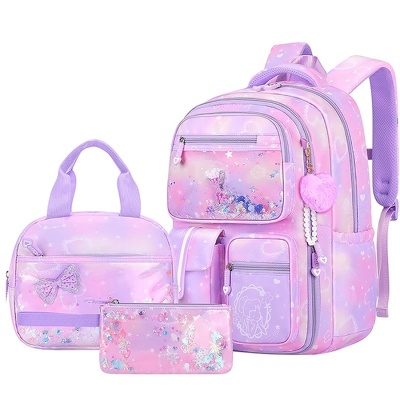 Conjunto rosa e lilás de mochila, bolsa e estojo para crianças com decoração de corações e estrelas
