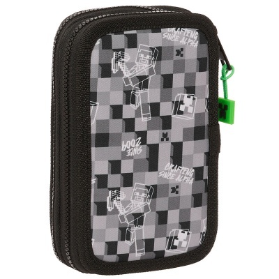 Estojo retangular preto e cinzento com padrão de quadrados e figuras pixeladas brancas