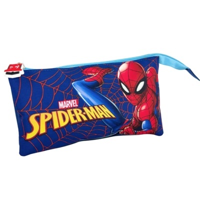 Estojo azul com teia vermelha e desenho do Homem-Aranha e texto Marvel Spider-Man