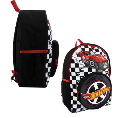 mochila infantil Hot Wheels com padrão quadriculado e carro vermelho