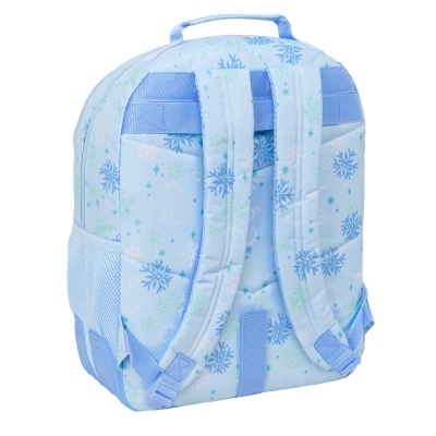 Mochila azul clara com flocos de neve verdes e azuis