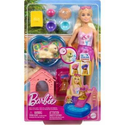 Boneca Barbie loira com fato de banho rosa e acessórios de piscina e cães em embalagem de plástico.