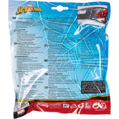 Embalagem azul com texto multilingue e logo Marvel Spiderman