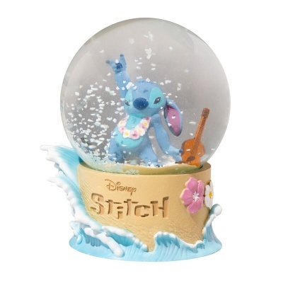 Globo de neve decorativo com personagem Stitch azul da Disney e base com texto e flores