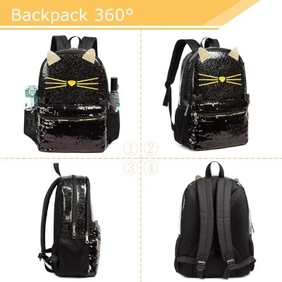 Mochila preta brilhante com design de rosto de gato e bolsos laterais.