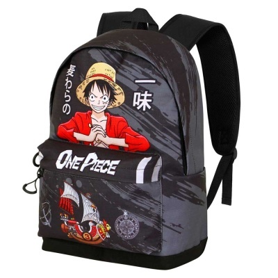 Mochila preta com design de One Piece com personagem e navio pirata colorido