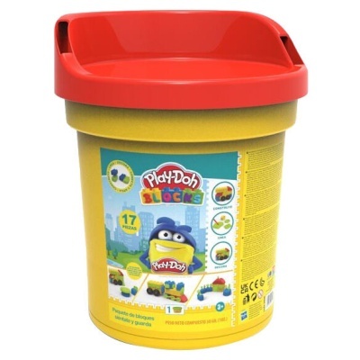 Balde amarelo com tampa vermelha de blocos Play-Doh com rótulo colorido.