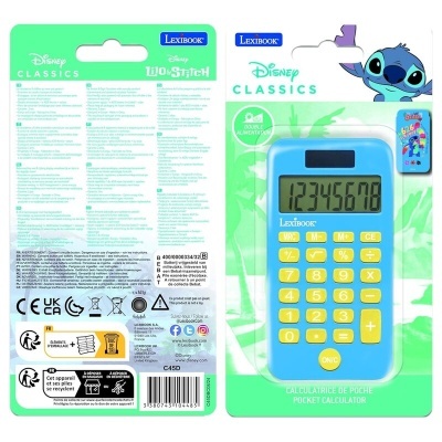 Calculadora de bolso azul com botões amarelos e embalagem verde com personagem Stitch