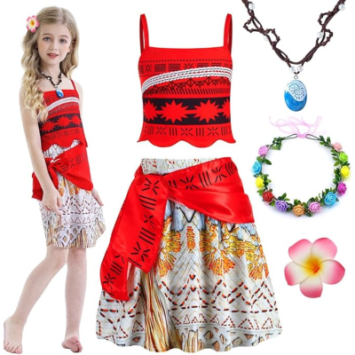 Conjunto infantil feminino com top vermelho, saia estampada, colar de pedra azul, coroa de flores e flor artificial