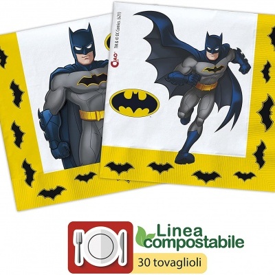 Guardanapos de papel com estampa do Batman em amarelo, preto e cinzento, texto 'Linea compostabile 30 tovaglioli'.