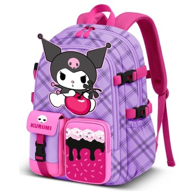 Mochila infantil roxa com estampa xadrez, bolsos rosas e personagem com cereja