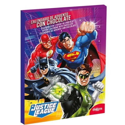 Calendário de advento com chocolate da Justice League com ilustrações de super-heróis