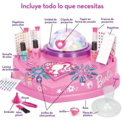 Kit de manicure Barbie com esmaltes, anéis, adesivos e base rosa
