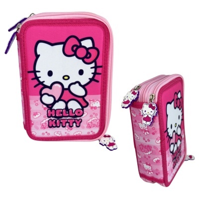 Estojo escolar rosa com personagem Hello Kitty desenhada