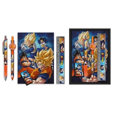 Conjunto escolar Dragon Ball com caneta, régua, porta-chaves e caderno com personagens coloridos