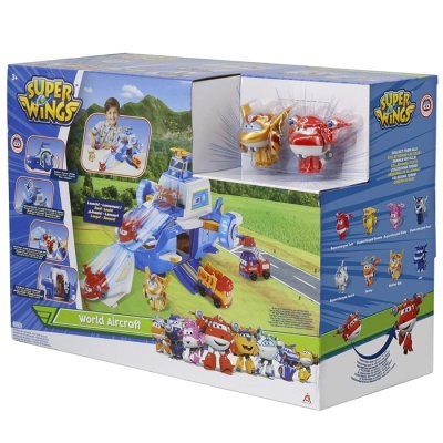 Brinquedo Super Wings World Aircraft com aviões e veículos coloridos em embalagem