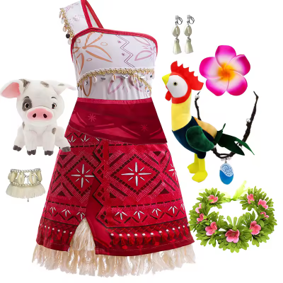 Conjunto de fantasia com saia e top em vermelho e branco, acessórios e peluches.