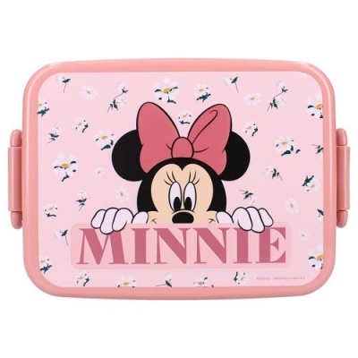 Estojo rosado com padrão floral e personagem Minnie Mouse segurando placa com texto MINNIE