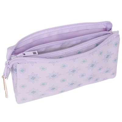 Estojo escolar lilás com padrão de estrelas e fechos de correr dourados