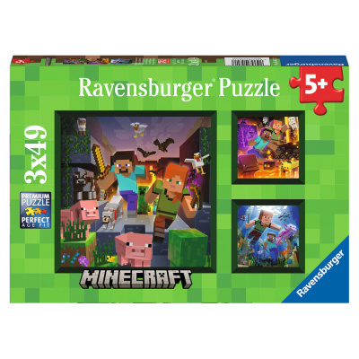 Caixa verde de puzzle Ravensburger com imagens Minecraft e indicação 5+